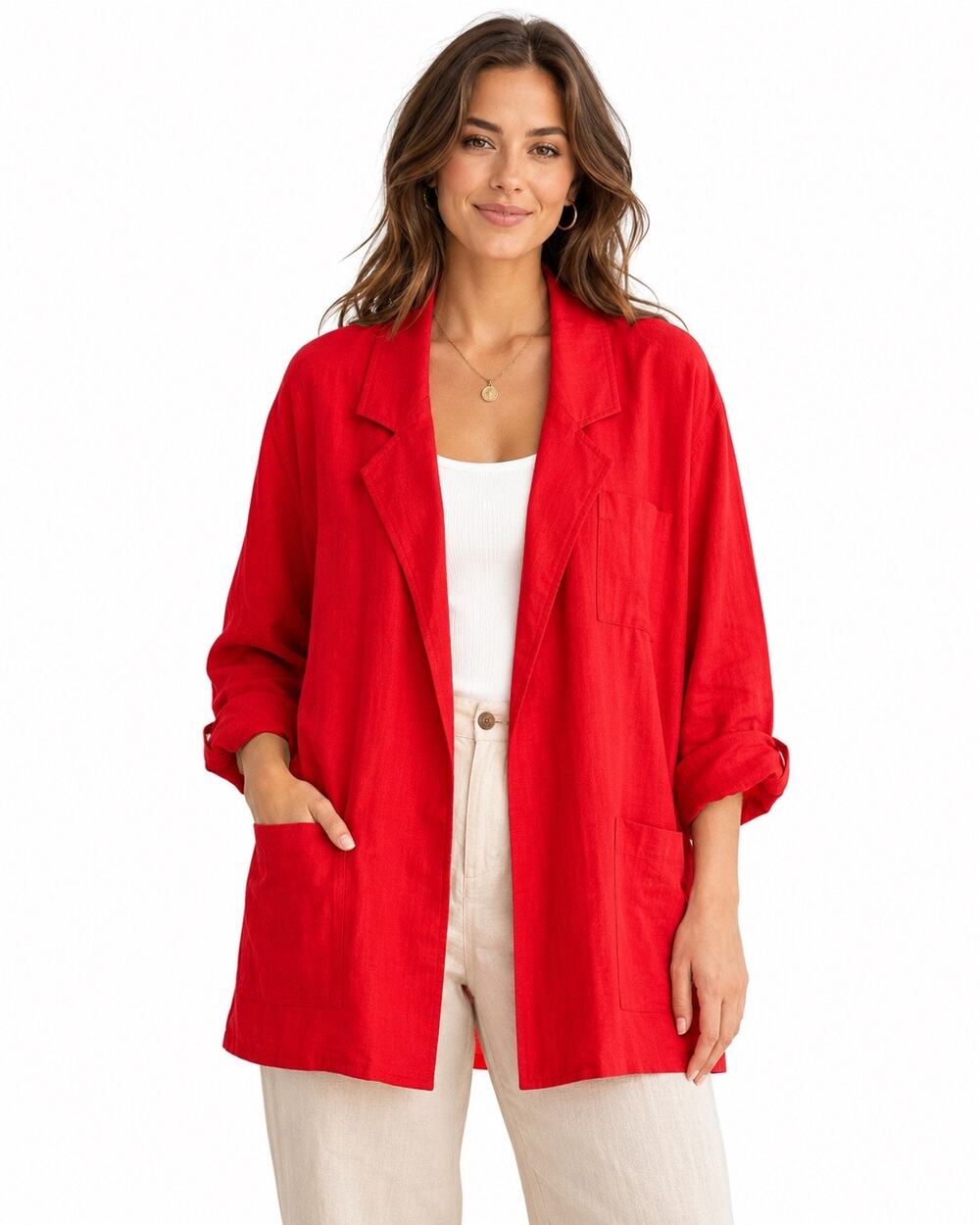 1990s Liz Claiborne Red Linen Open Front Oversized Jacket Size 6 M/L